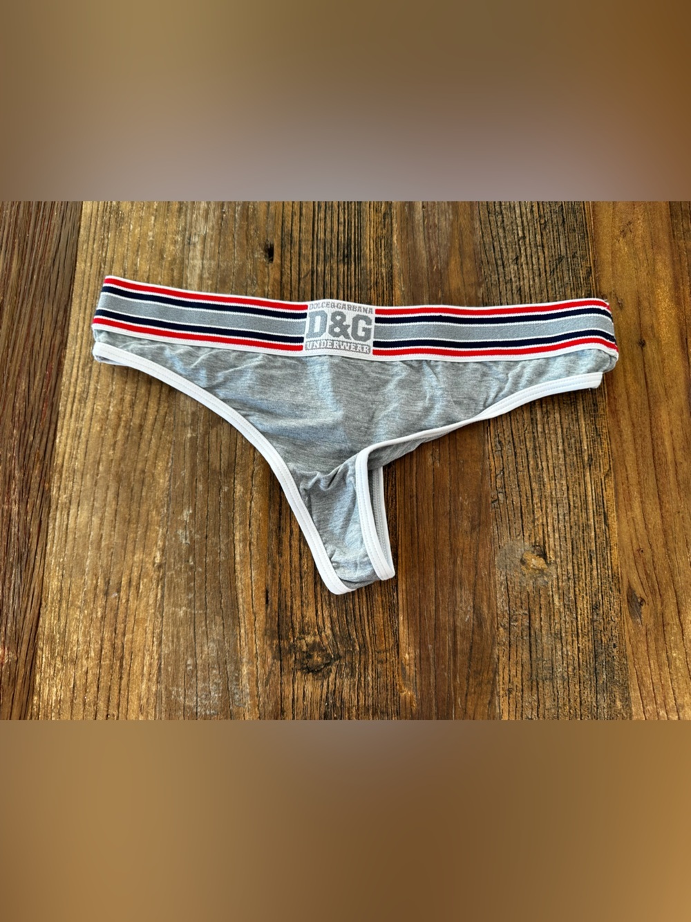 D&G Gray Bikini Panty with Red, Navy & White Striped Waistband